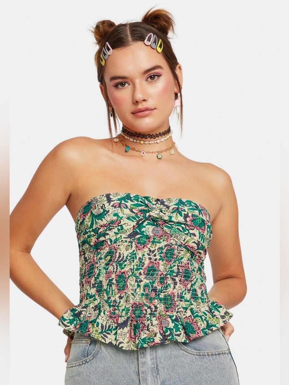 Free People Floral Print Smocked Cropped Tube Top 100% Cotton | Medium